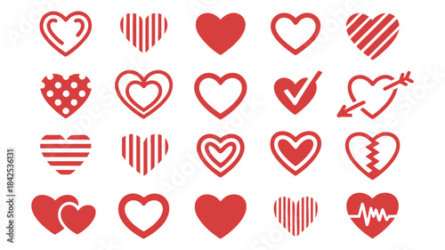 A collection of red heart icons representing various emotions and themes of love