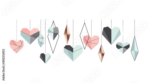 Geometric Love: A collection of intricately crafted geometric hearts and shapes hanging delicately, their multifaceted surfaces reflecting a sense of modern artistry and romantic allure.