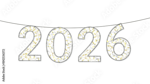 New years 2026 gold confetti banner on string with shiny decorations