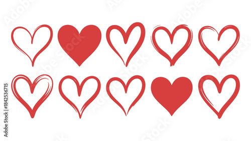 A collection of various hand drawn red hearts expressing love and romance for graphic design elements