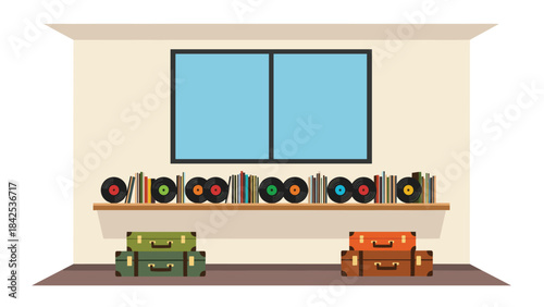 Colorful illustration of a room with a shelf and two crates