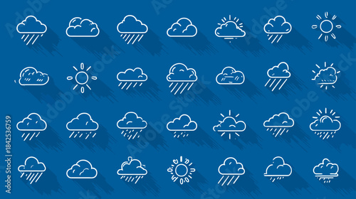 Modern weather forecast icons set with outline style and long shadows on a blue background, depicting sun, clouds, and rain conditions.
