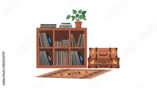 A brown bookshelf with books and a plant on top next to a stack of suitcases on a patterned rug