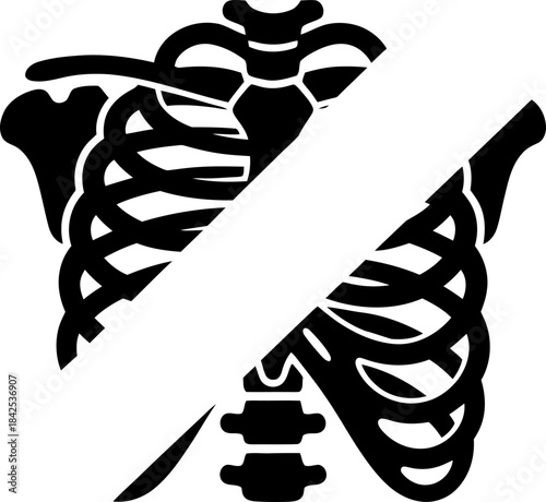 Rib cage black icon. Human skeleton part symbol. Health, anatomy, bone, or medical concept. Striking graphic element for print, web, app. Vector illustration