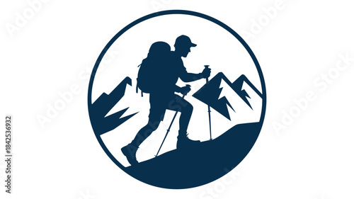 A minimalist logo of a hiker with backpack and poles climbing a mountain slope
