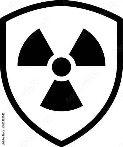Radioactive symbol icon framed by shield. Radiation warning sign. Hazard and danger concept. Vector illustration in black and white style