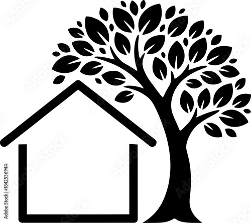 House outline with growing tree, nature friendly home symbol. Real estate, eco friendly living concept. Minimalist vector icon