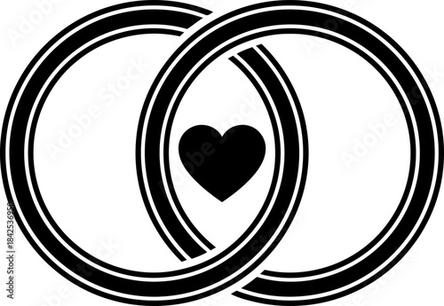 Two intertwined wedding rings with a heart symbol in the middle, representing love and union. Vector illustration for marriage proposal, anniversary
