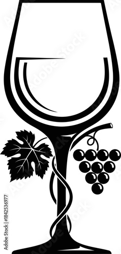 Stylized wine glass with grape bunch and leaf design. Elegant drink symbol. Monochrome vector illustration for winery emblem