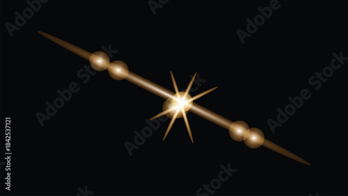 Angled Golden Starburst Lens Flare with Orbs on Black Background
