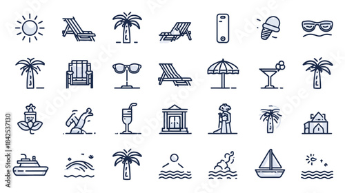 Summer Vacation Travel Icons Set. Beach Holiday, Tropical Destination Line Art Collection with Palm Trees, Sunglasses, and Cocktails