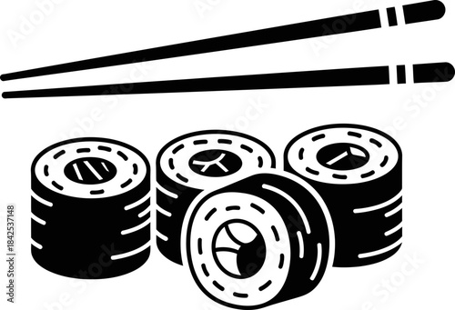 Four sushi rolls with chopsticks in a flat black and white minimal style. Japanese cuisine concept. Vector illustration for menu, flyer, poster