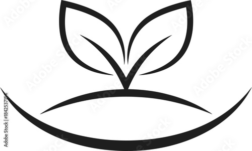 Minimalist plant sprout icon design with two green leaves growing from a curved line. Growth and nature concept vector illustration for logo or symbol