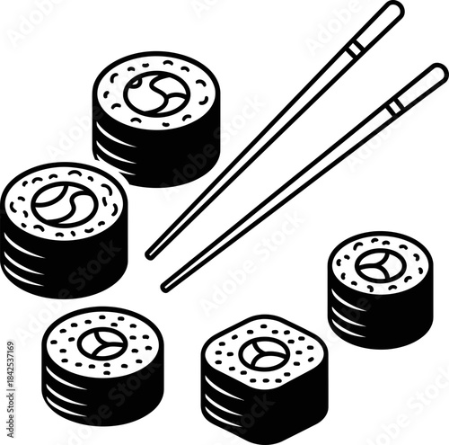 Sushi roll and chopstick isolated icon illustration. Japanese food takeaway restaurant delivery concept. Vector art for menu, poster, banner