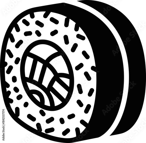 Sushi roll icon, with sprinkles, representing Japanese cuisine element, for menu, restaurant, snack concept. Simple black and white vector symbol