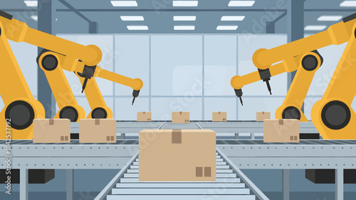 Industrial robotic arms handling cardboard boxes on a conveyor belt in a factory