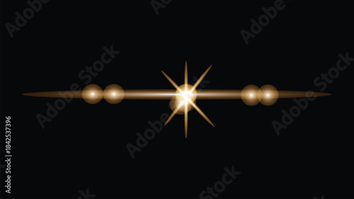 Golden Starburst Lens Flare with Orbs on Black Background