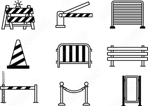 Barrier safety icon set, traffic control, crowd management, construction barricade, rope stanchion, cone, gate, urban access tools