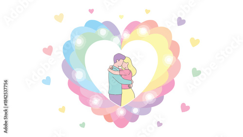Embrace of Love: A tender moment unfolds as two figures, entwined in an embrace within a heart-shaped embrace, are embraced by a rainbow aura of love and affection.