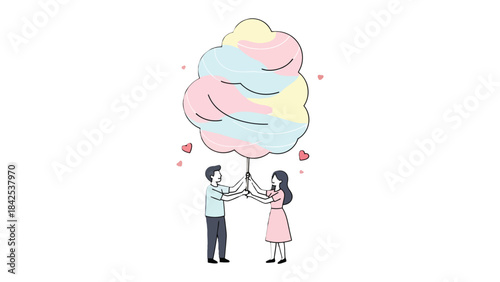 Sweet Shared Moments: A tender couple shares a vibrant cotton candy in a moment filled with joy and connection, symbolizing shared sweetness and delightful experiences.