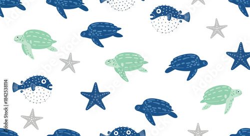 Cute sea creatures pattern with turtles, starfish, and pufferfish on a white background