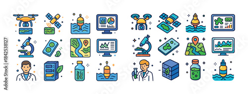 Environmental technology and research icons featuring devices an