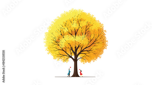 A colorful illustration of a large yellow tree with two small people standing underneath it on a