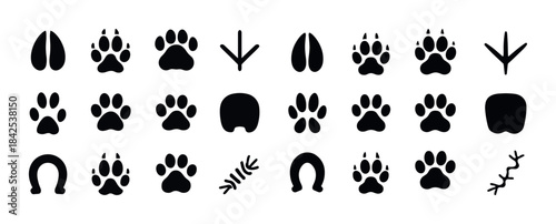 Set of animal footprint icons: hoof, paw, and claw prints in bla
