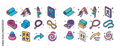 Colorful yoga icons collection: poses, mats, and accessories for
