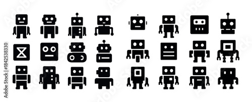 Set of diverse robot icons in various designs and styles