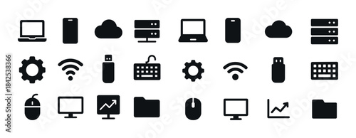 Collection of black technology icons: laptop, smartphone, cloud,