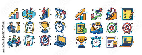Business strategy icons set with charts, targets, awards, meetin