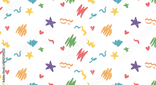 Colorful hand-drawn doodle pattern with festive elements like stars and hearts