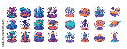 Colorful cosmic and terrestrial icon set featuring planets, crys