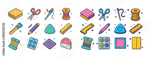 Colorful sewing and craft supplies set with tools and fabrics