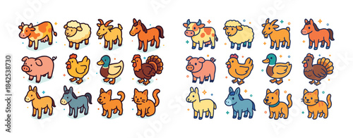 Colorful cartoon farm animals collection: cow, sheep, goat, hors