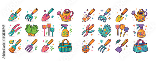 Colorful cartoon garden tools collection with decorative pattern