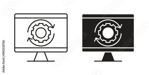 System update icon in line design and solid black and white colors for designs
