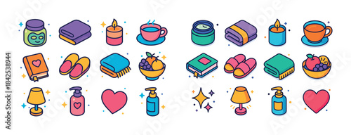 Colorful spa and relaxation icons: candles, books, fruits, towel