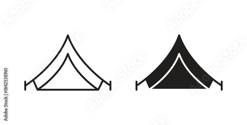 Tent icon in line design and solid black and white colors for designs