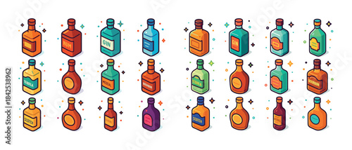 Colorful illustration of various bottles of rum and gin in isome