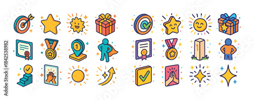 Colorful achievement and reward icons collection with stars meda