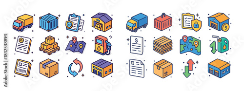 Colorful icons of logistics and transportation activities