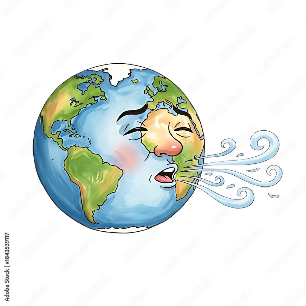 Obraz premium Earth cartoon character blowing wind illustration depicting weather climate change global warming environmental issues pollution