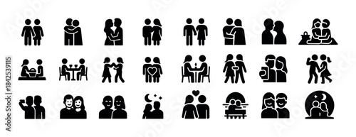 Set of black silhouette icons depicting diverse human interactio