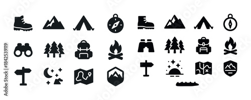 Camping and hiking icons set: boots, mountains, tents, compass,