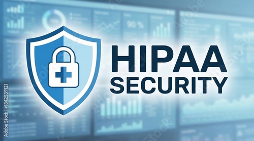 hipaa security banner with shield padlock and medical cross icon over blurred healthcare data dashboard for patient information protection cybersecurity compliance and electronic health records safety