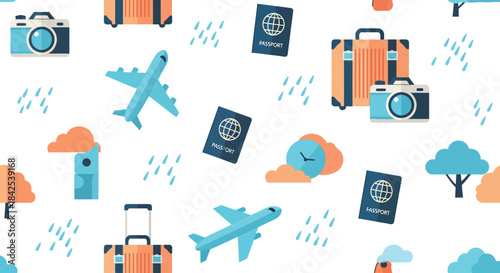 Seamless pattern featuring international travel icons like passport, airplane, and suitcase
