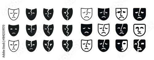 Set of sad theatrical masks: expressive icon collection in black