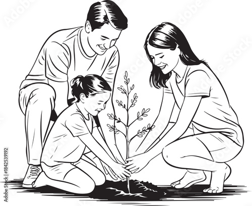 Family planting a tree together in the garden